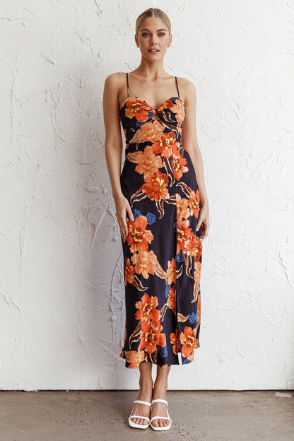 Missoula Cami Strap Padded Bust Midi Dress Flower Orange