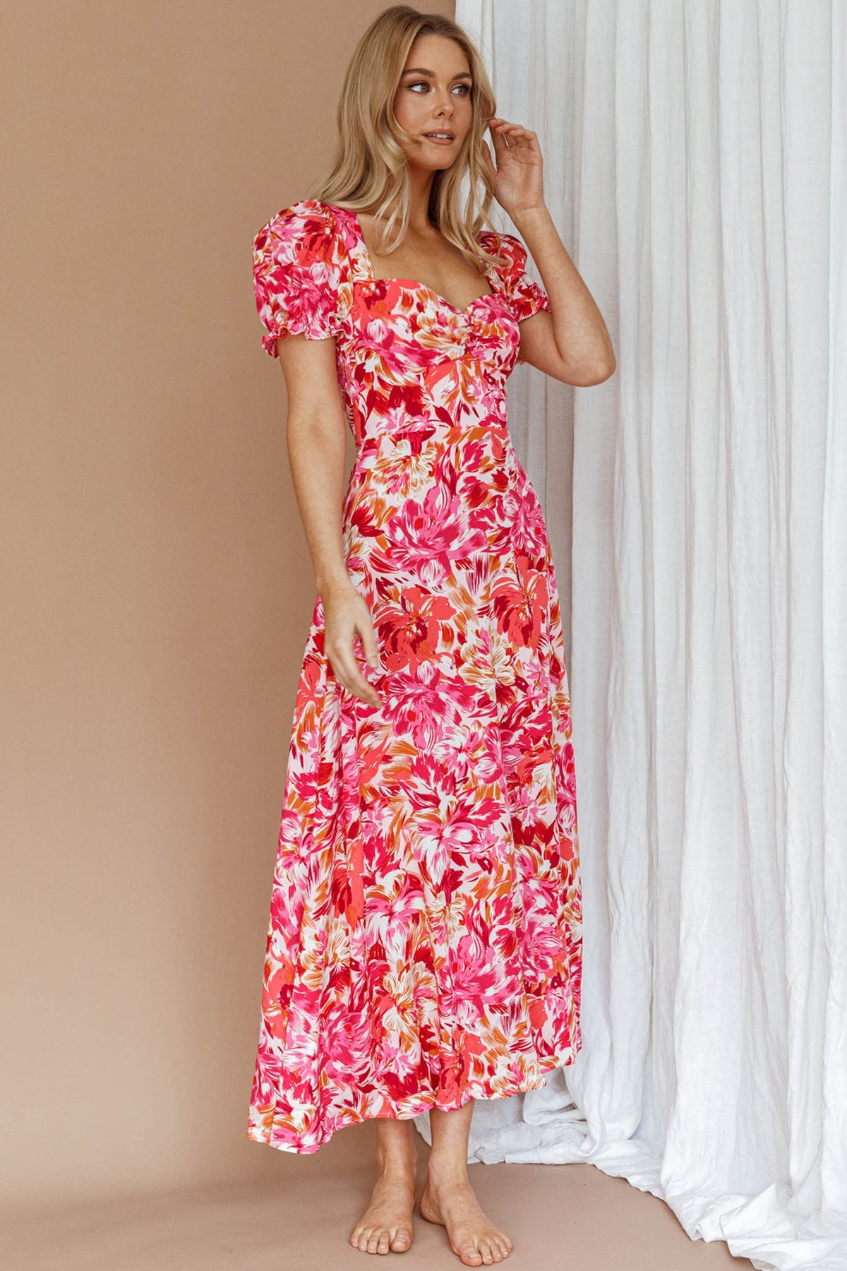 Montebello Puff Sleeve Maxi Dress Floral Pink/Orange