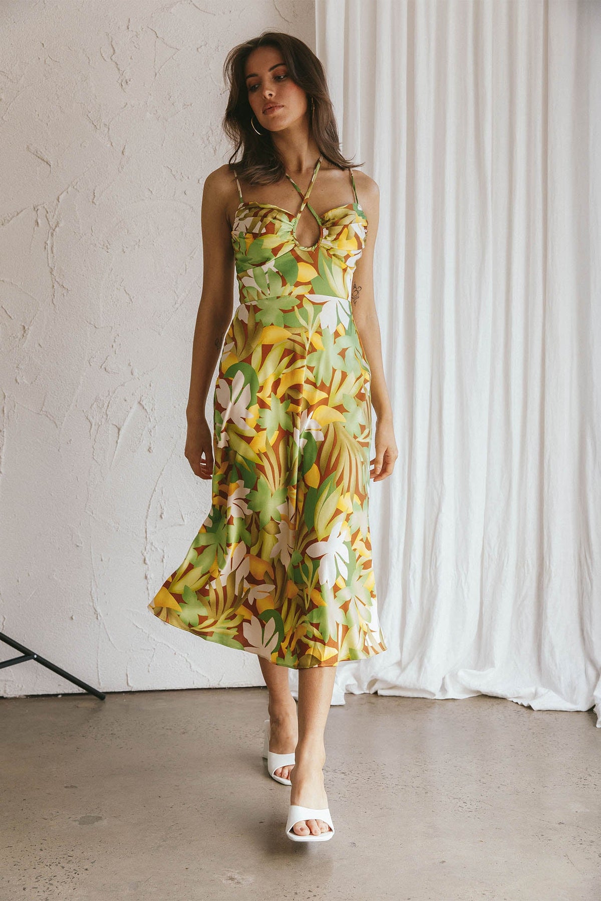Emmalie Satin Midi Dress Floral Green