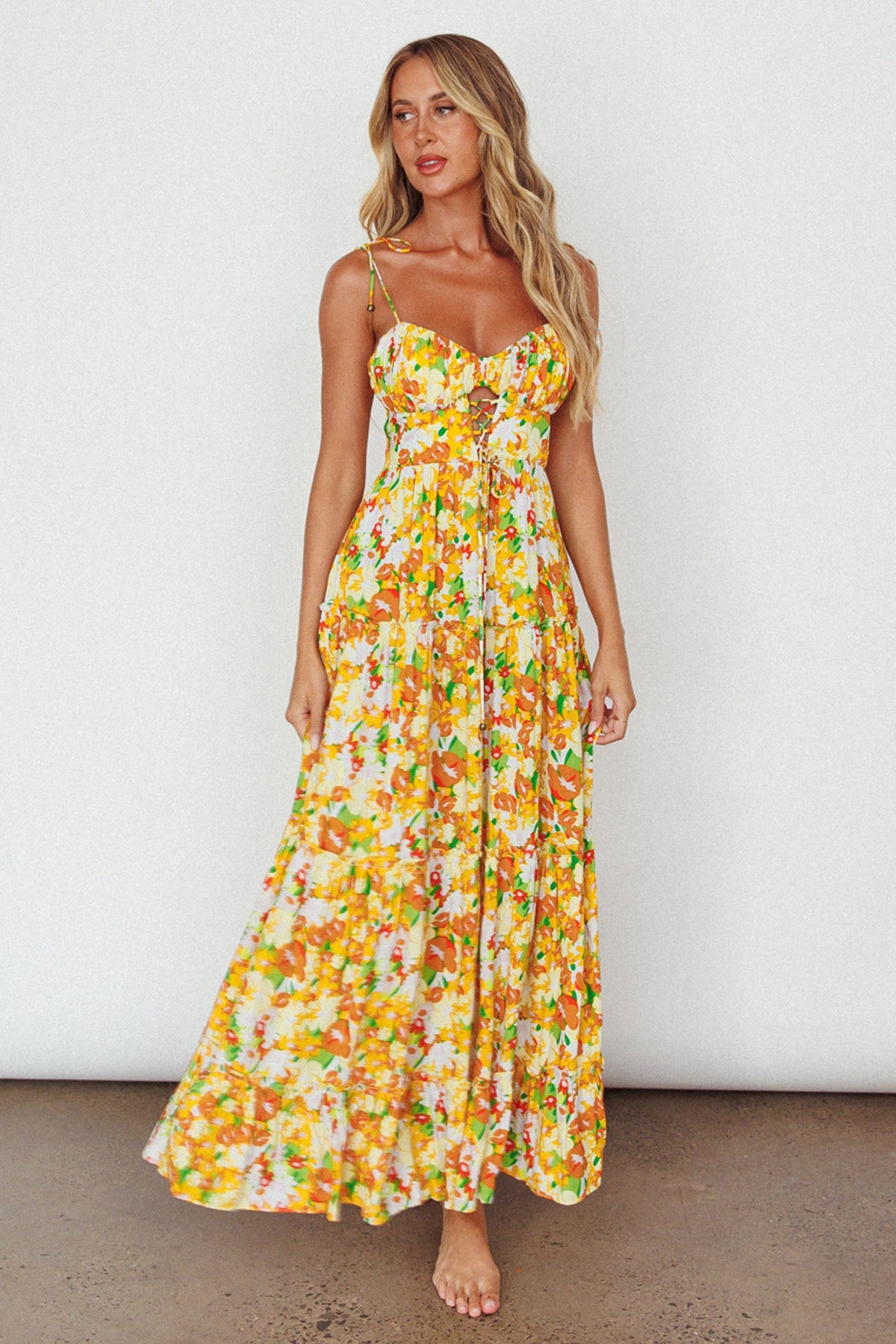 Kinlee Lace-Up Bodice Maxi Dress Floral Orange