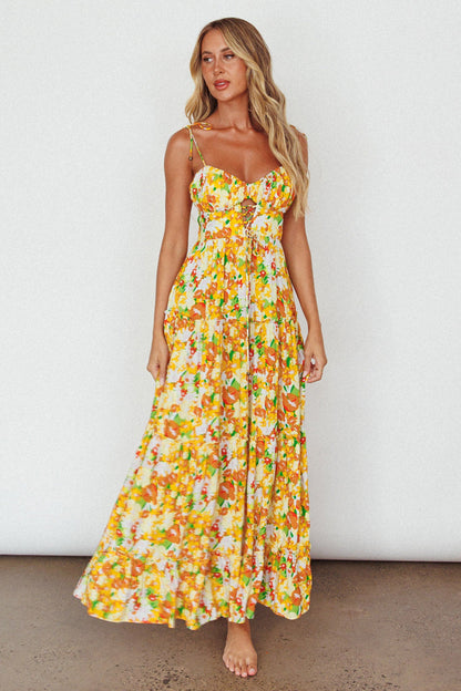 Kinlee Lace-Up Bodice Maxi Dress Floral Orange