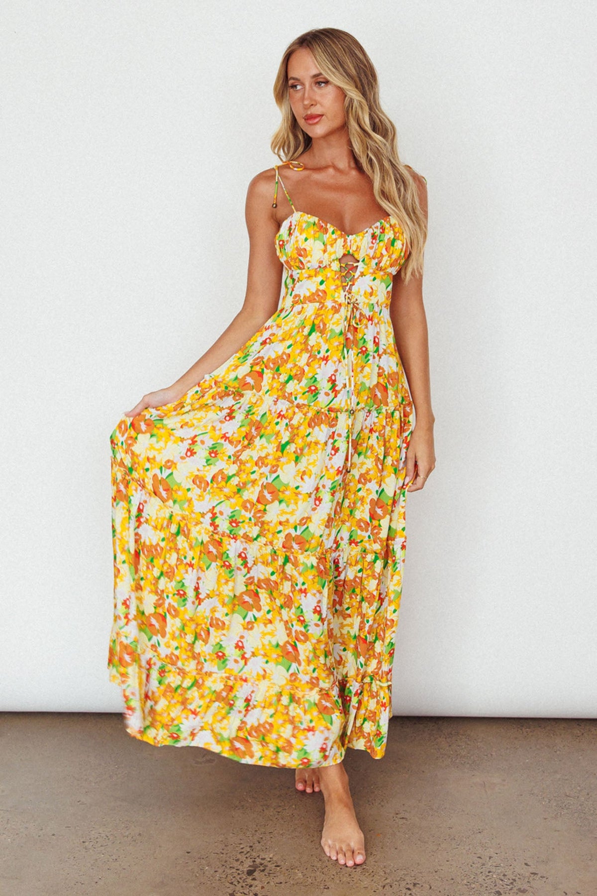 Kinlee Lace-Up Bodice Maxi Dress Floral Orange