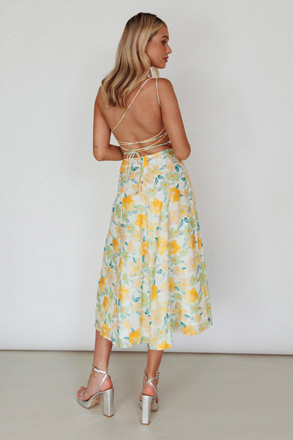 Halia One-Shoulder A-Line Midi Dress Floral Yellow