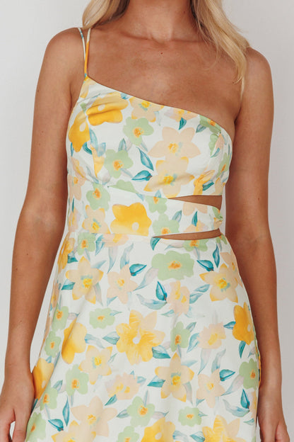 Halia One-Shoulder A-Line Midi Dress Floral Yellow