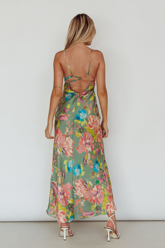 From Above V-Back Midi Dress Floral Green