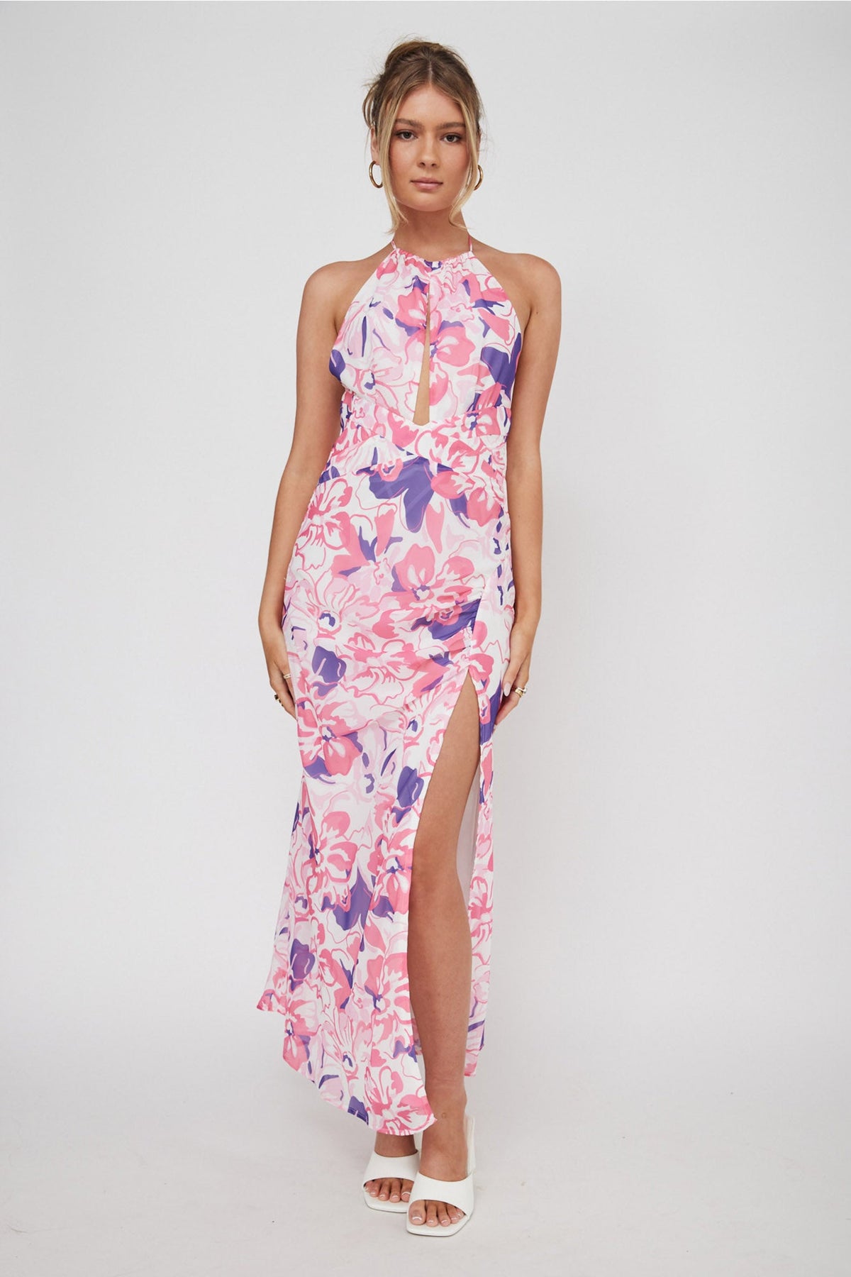 Nirvana Halterneck Split Midi Dress Floral Pink