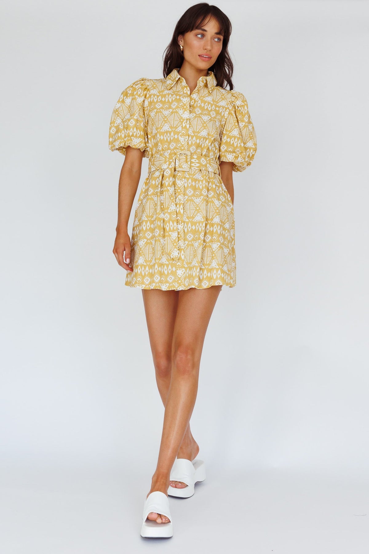 Nanette Puff Sleeve Belted Mini Dress Print Yellow