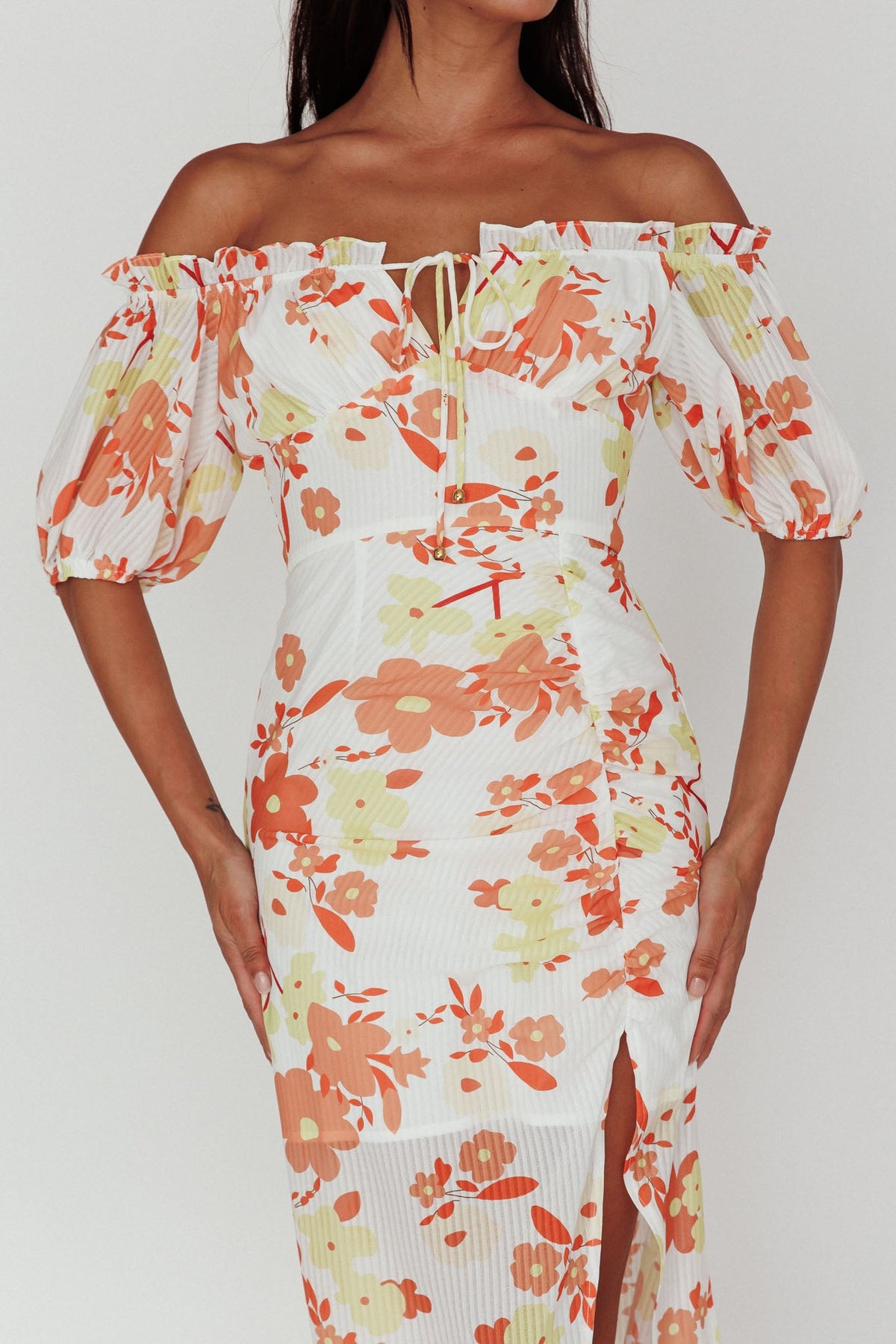 Jalynn Off-Shoulder Split Midi Dress Floral Orange