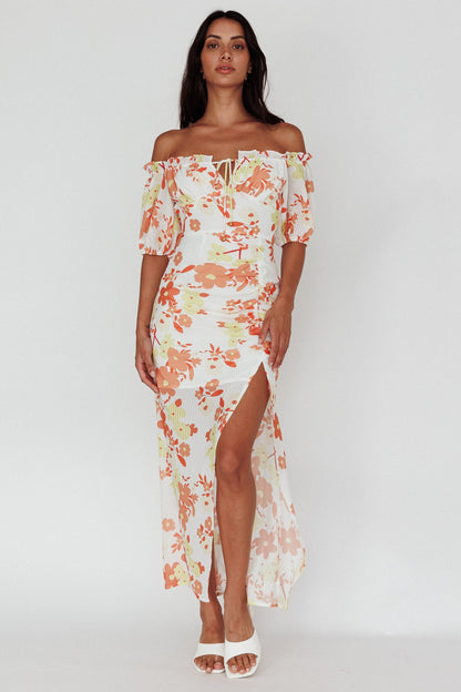 Jalynn Off-Shoulder Split Midi Dress Floral Orange