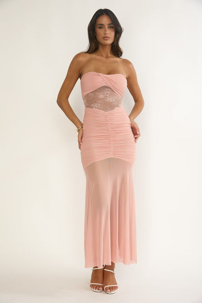 Sade Strapless Sheer Panel Ruched Maxi Dress Blush