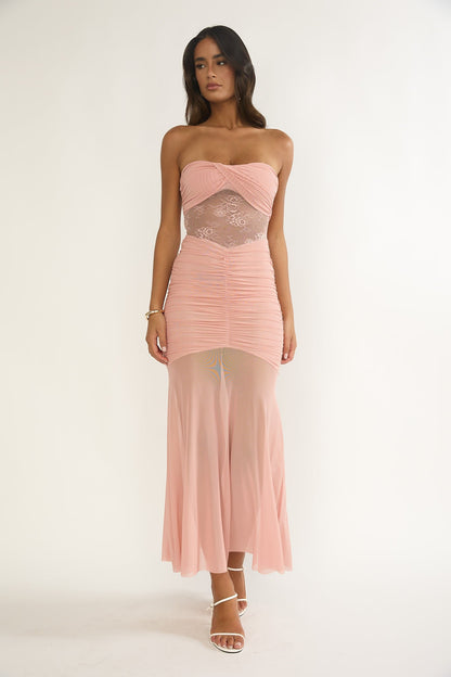 Sade Strapless Sheer Panel Ruched Maxi Dress Blush