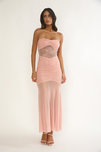 Sade Strapless Sheer Panel Ruched Maxi Dress Blush