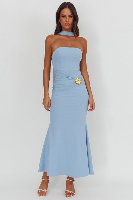 Jeramia Strapless Brooch Maxi Dress Blue