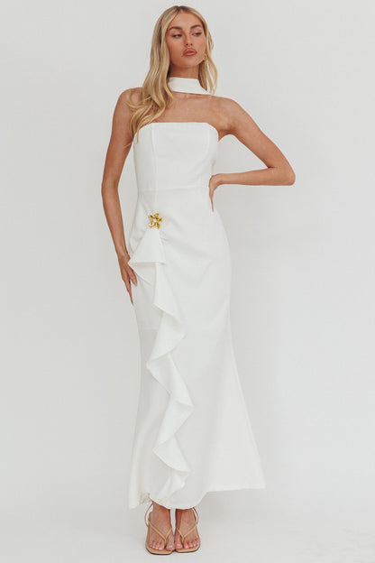 Selora Strapless Ruffle Maxi Dress White