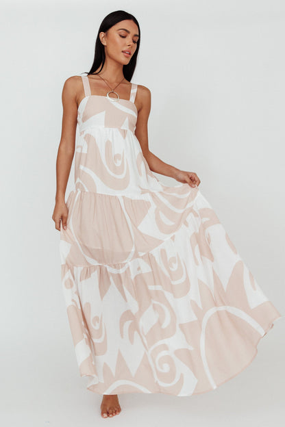 Indianna Square Neckline Maxi Dress Printed Sand/White