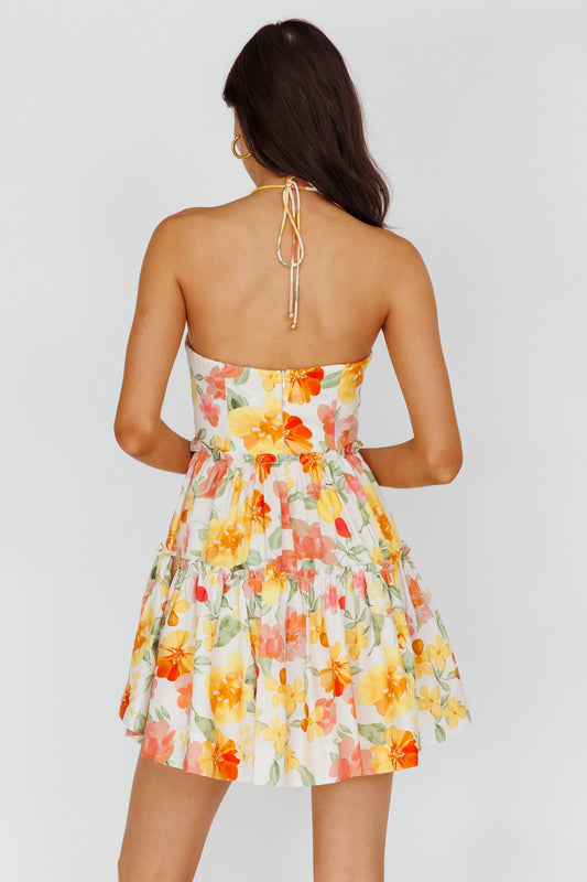 Horizons Frill Trim Mini Dress Floral Yellow
