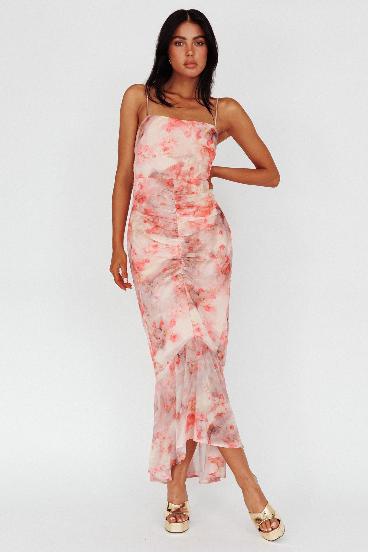 Sayna Ruched Front Midi Dress Floral Pink