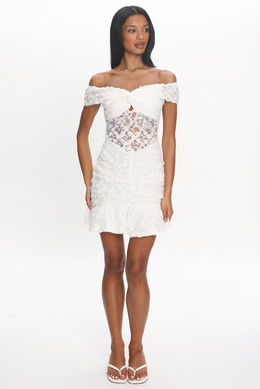All The Lights Off-Shoulder Lace Mini Dress White