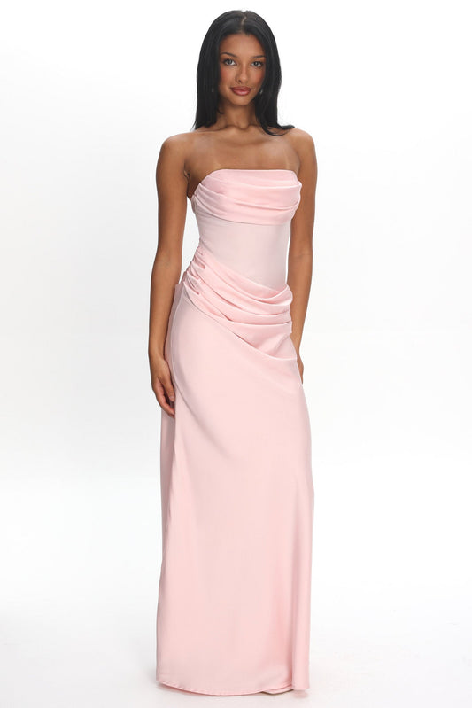 Unforgettable Day Drape Waist Strapless Maxi Dress Blush