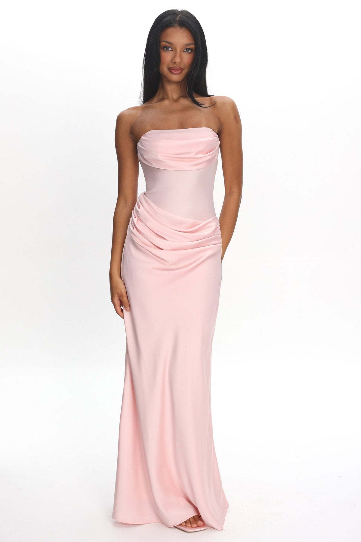 Unforgettable Day Drape Waist Strapless Maxi Dress Blush