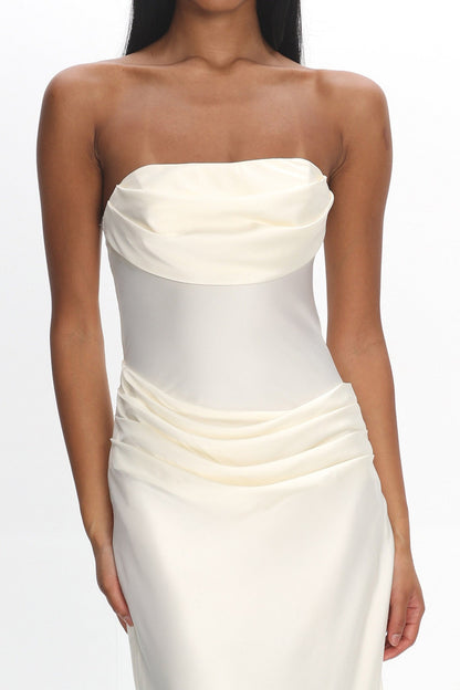 Unforgettable Day Drape Waist Strapless Maxi Dress Cream