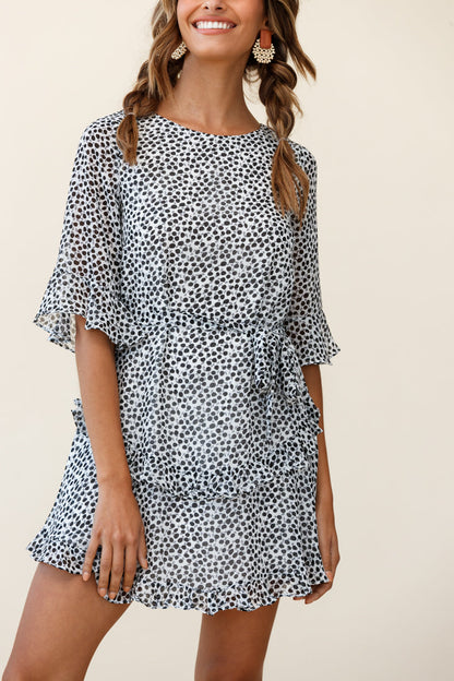 Wife Me Crew Neck Ruffle Insert Dress Polka Dot Black