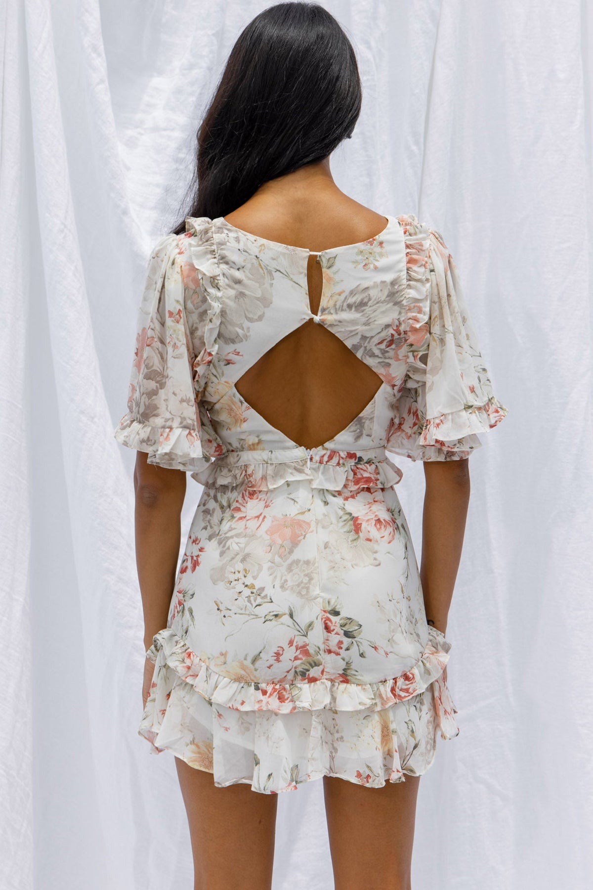 My Belle Cut-Out Detail Frill Accent Dress Vintage Floral Print White