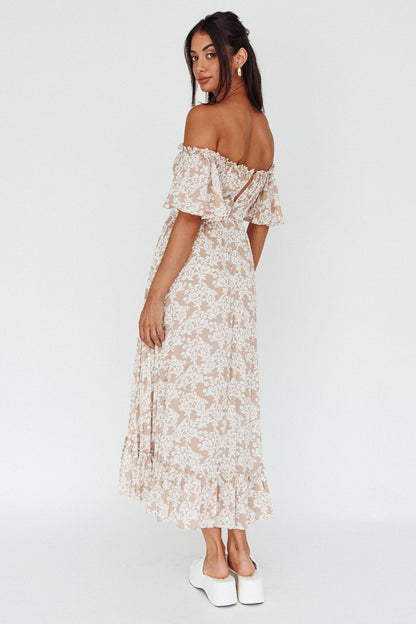 Voyager Off-Shoulder Bell Sleeve Midi Dress Floral Blush