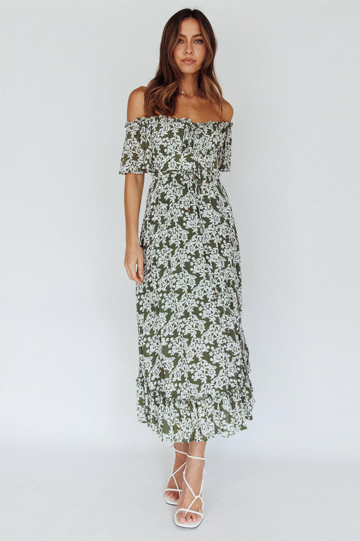 Voyager Off-Shoulder Bell Sleeve Midi Dress Floral Green