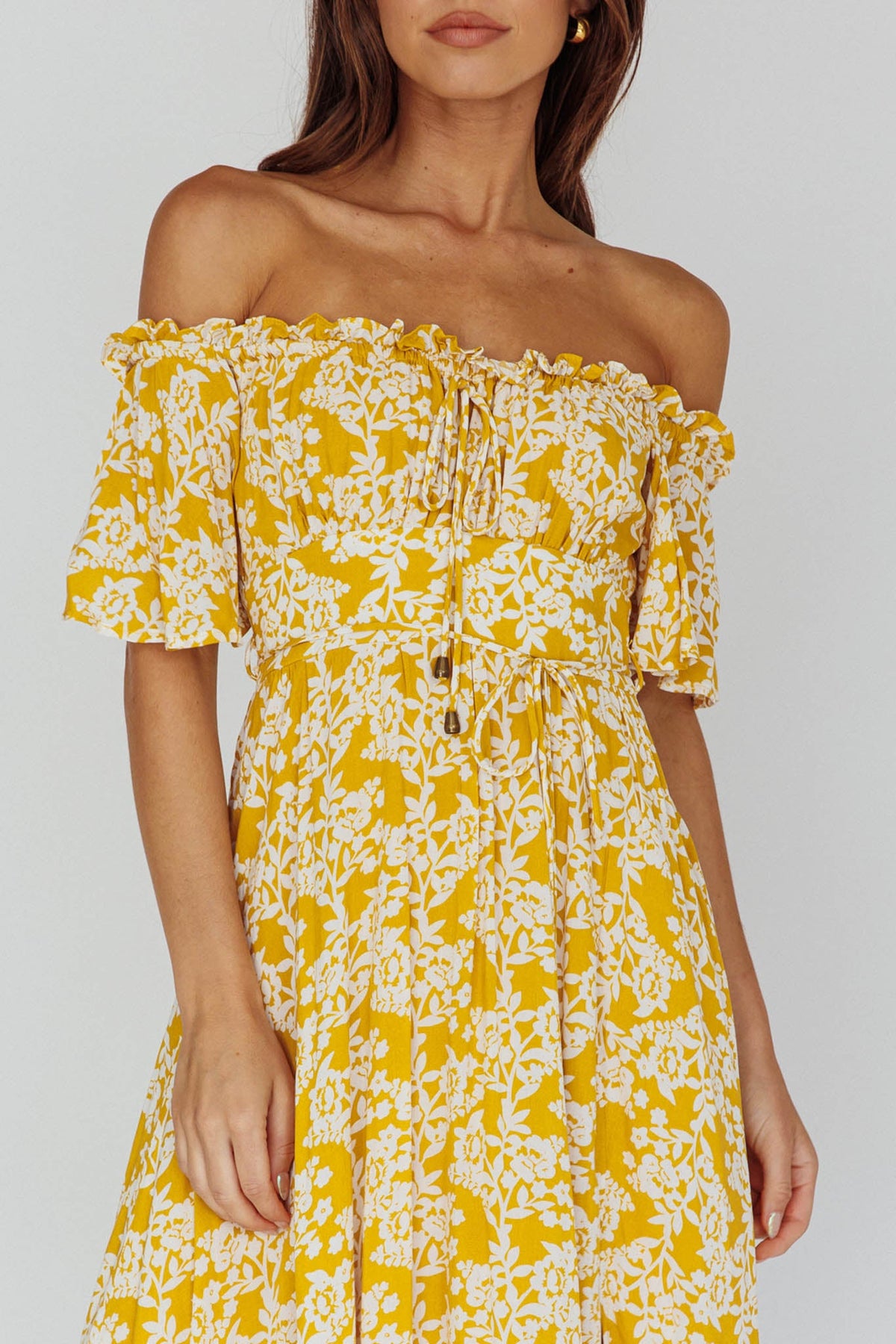 Voyager Off-Shoulder Bell Sleeve Midi Dress Floral Yellow