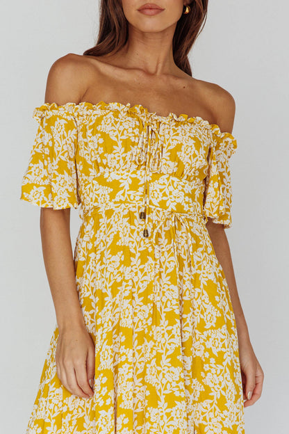 Voyager Off-Shoulder Bell Sleeve Midi Dress Floral Yellow