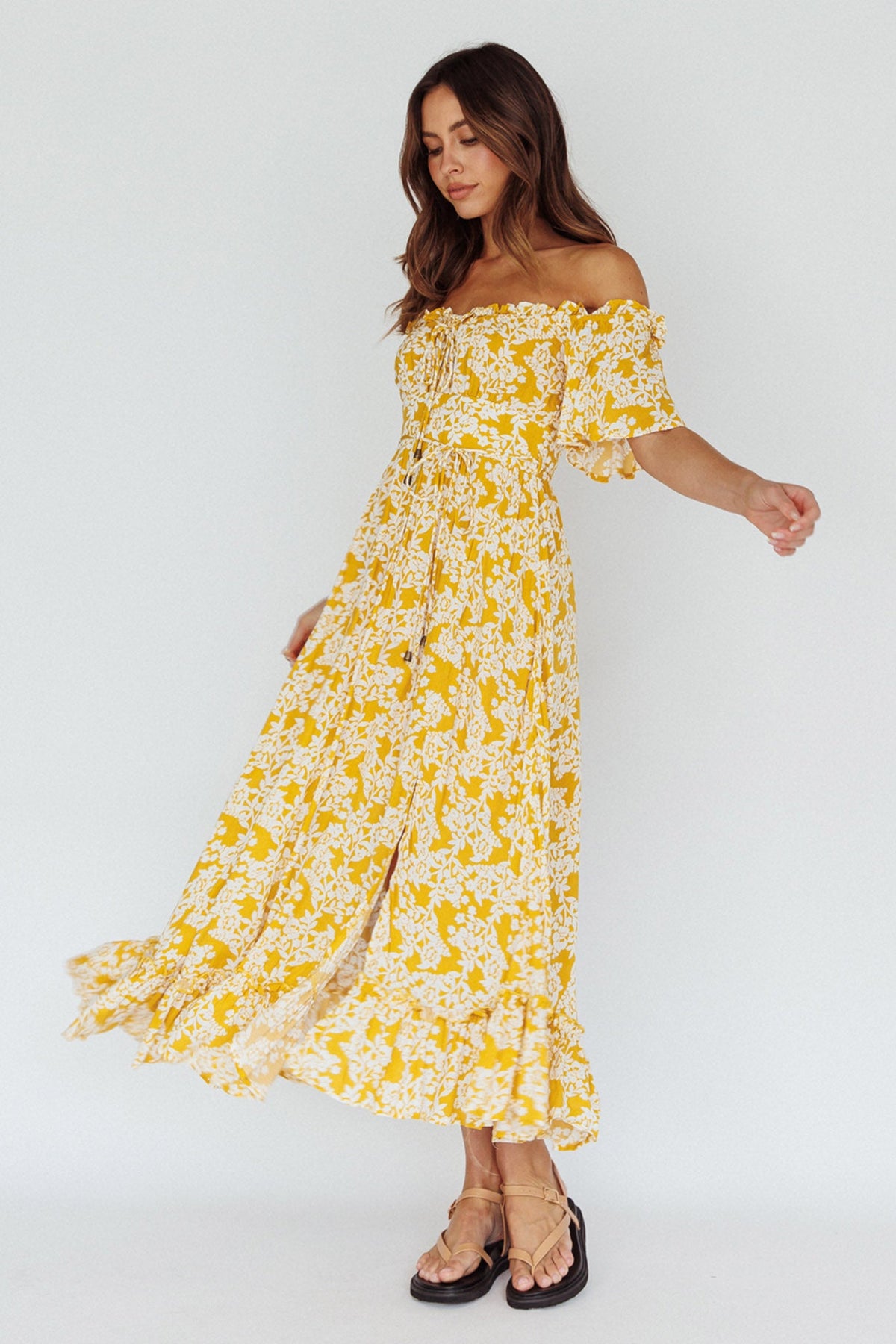 Voyager Off-Shoulder Bell Sleeve Midi Dress Floral Yellow