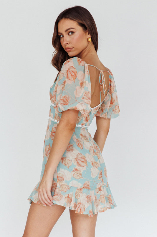 Catch Feelings Sweetheart Puff Sleeve Mini Dress Leaves Blue