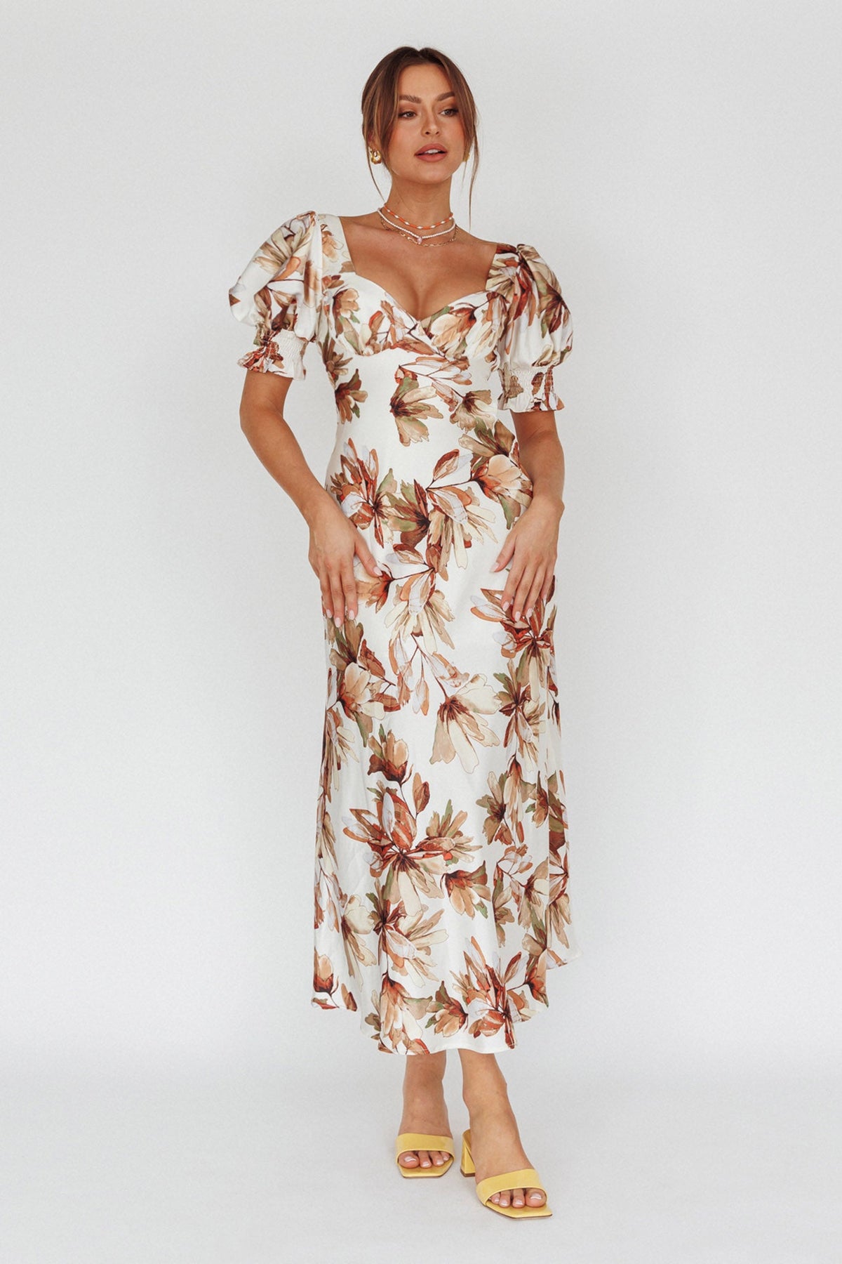 Brigita Tied Back Midi Dress Floral Brown
