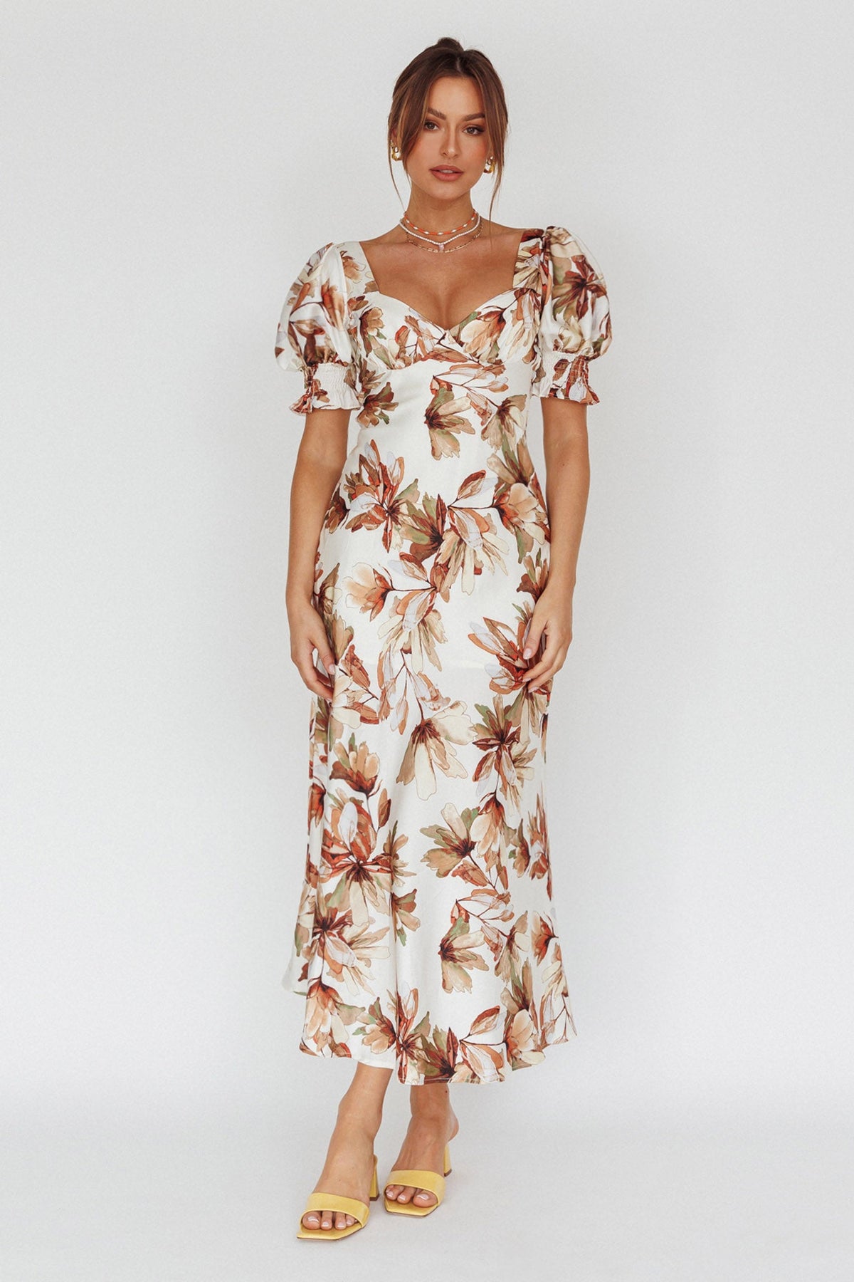Brigita Tied Back Midi Dress Floral Brown