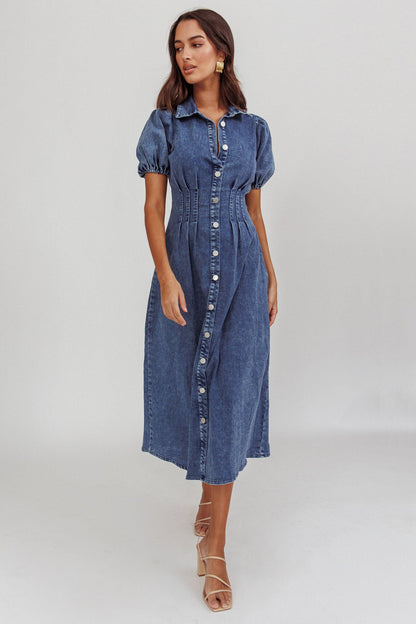 Zurich Pleated Waist Midi Dress Denim Dark Blue