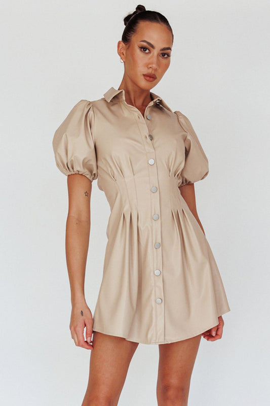 Zurich Pleated Waist Shirt Dress Faux Leather Nude