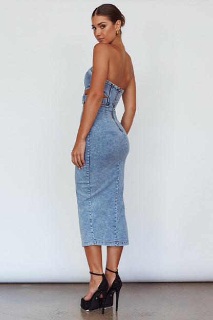 Glisten Cut-Out Buckle Waist Midi Dress Denim Blue