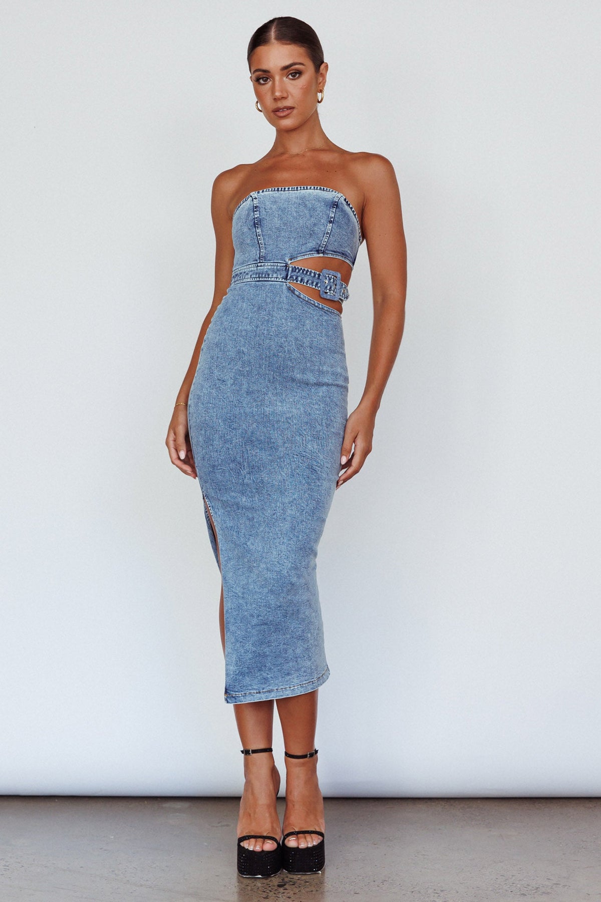 Glisten Cut-Out Buckle Waist Midi Dress Denim Blue