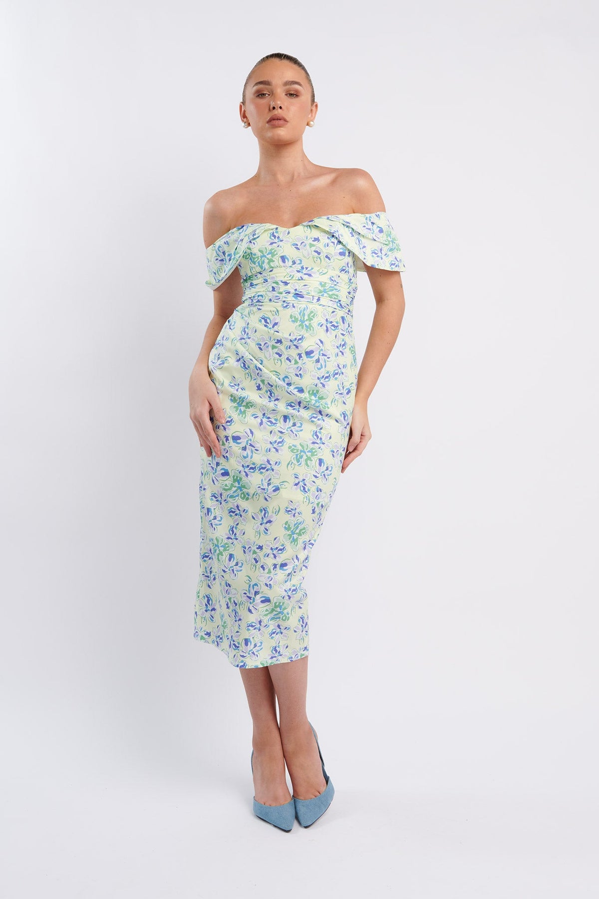 Lillianne Off-Shoulder Midi Dress Floral Blue