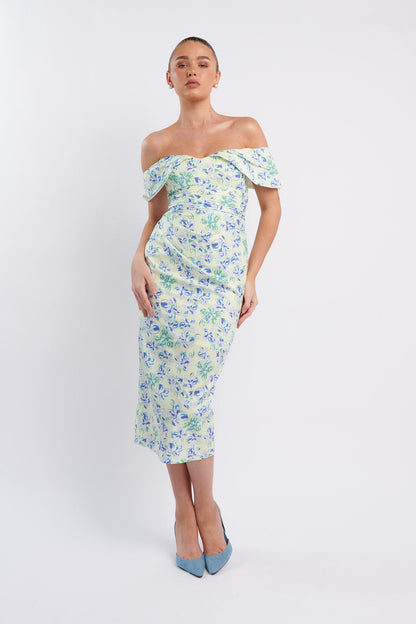 Lillianne Off-Shoulder Midi Dress Floral Blue