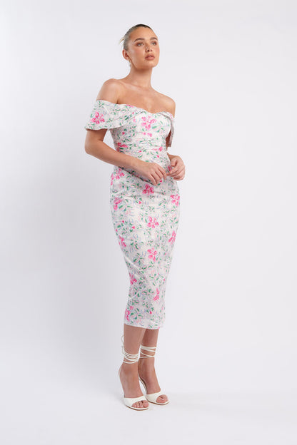 Lillianne Off-Shoulder Midi Dress Floral Pink