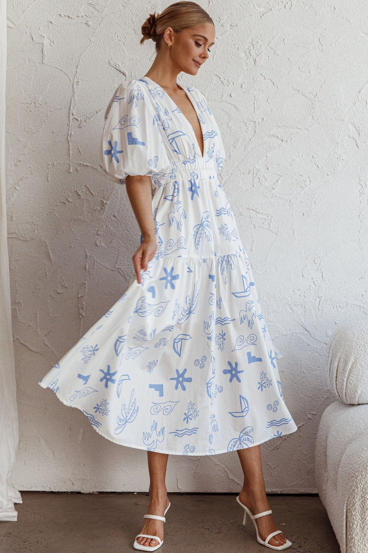 Summer Land V-Neckline Midi Dress Printed White