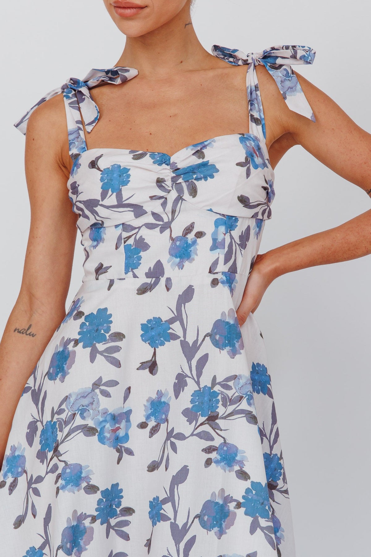 Sweet Pea Tied Bust Midi Dress Flower Blue