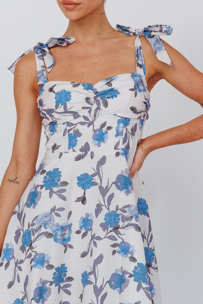 Sweet Pea Tied Bust Midi Dress Flower Blue