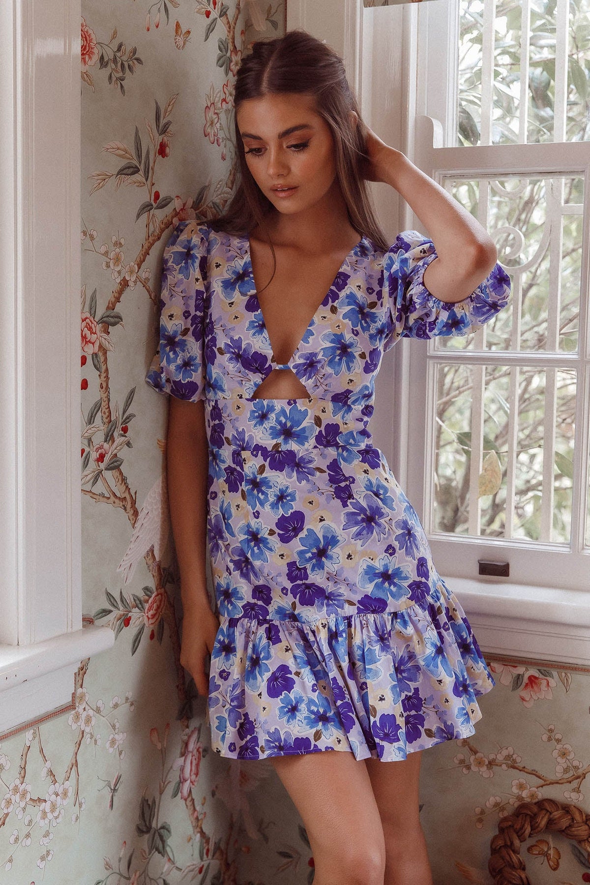 Jemilia Cut-Out Bust Flounce Mini Dress Floral Blue