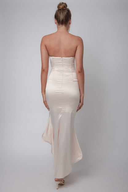 Diony Strapless Ruffle Hem Midi Dress Oyster