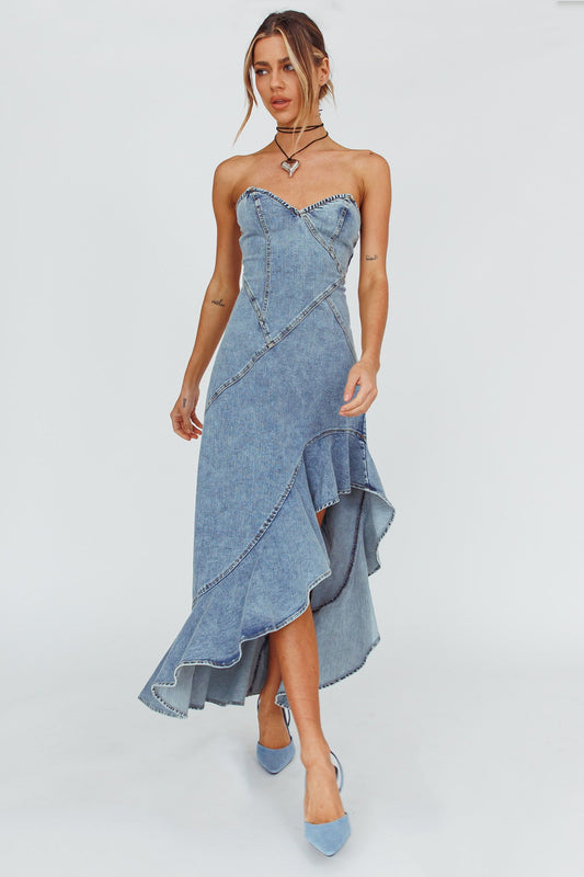 Moon Sweetheart Neckline Ruffle Midi Dress Denim