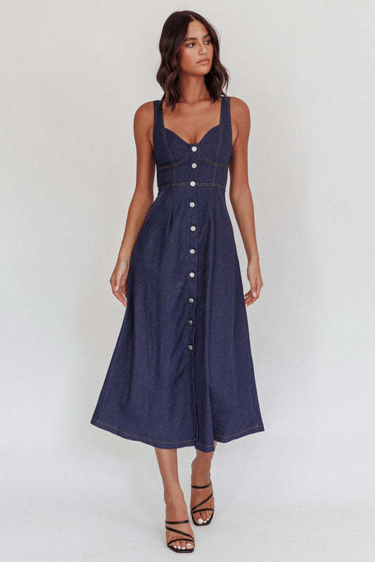 Pixie Dust Button Front Midi Dress Dark Denim