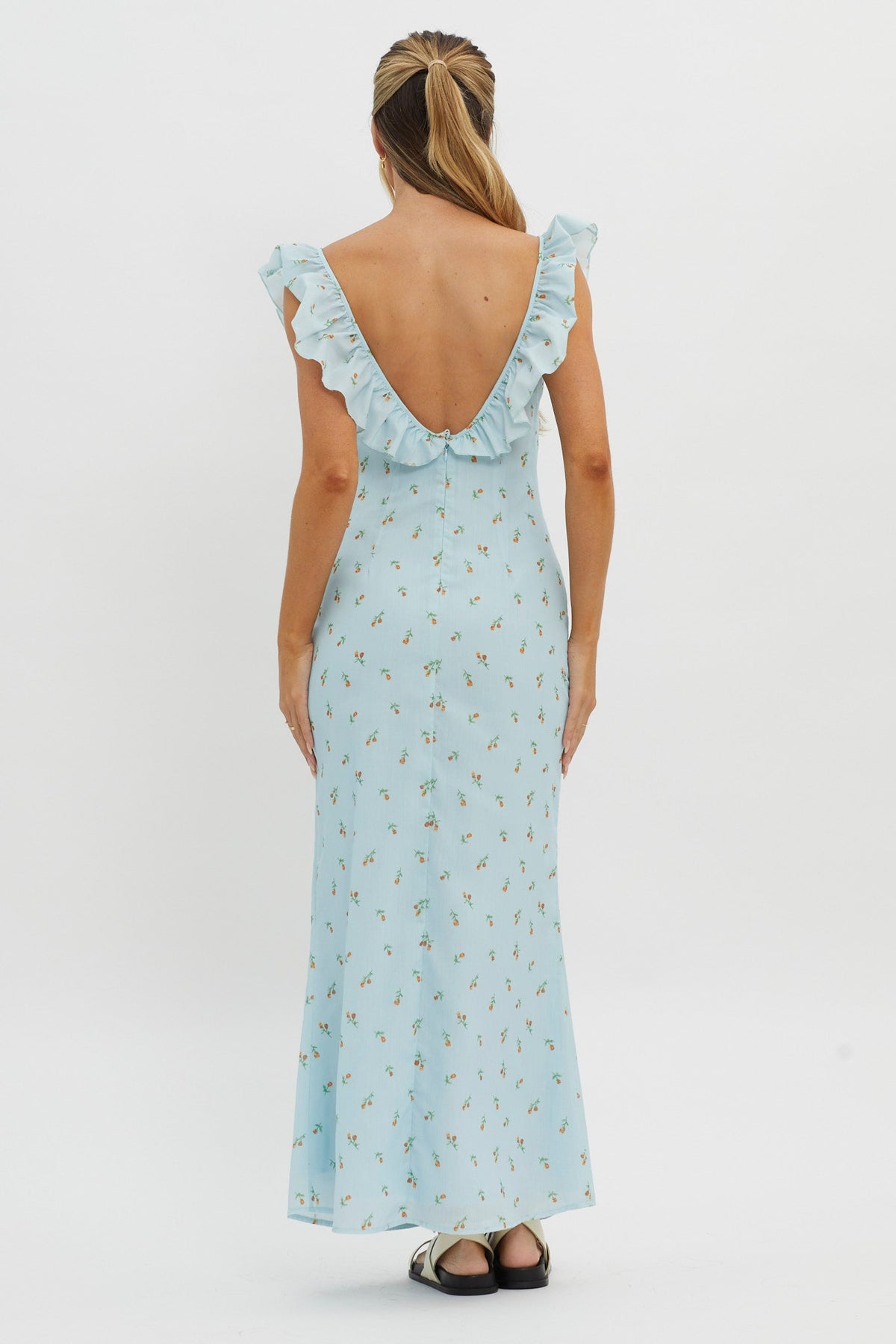 Merci Beaucoup Frill Neckline Maxi Dress Blue